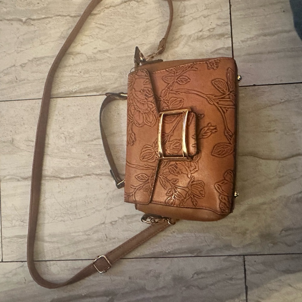 Brown Leather Crossbody Bag with Embossed Floral Design